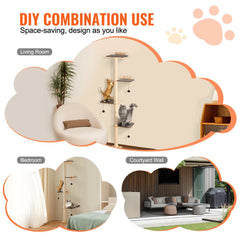 Bostome wall mounted cat tree features pine wood shelves, platforms, and multiple cat posts.