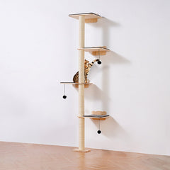 Bostome wall mounted cat tree with pine wood shelves, platforms, and climbing posts.