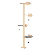 Wall-mounted natural pine cat tree with four platforms, scratching posts, and toy balls.