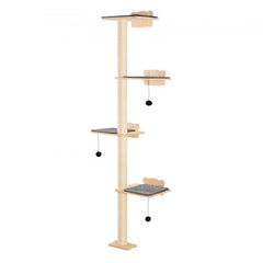 Wall-mounted natural pine cat tree with four platforms, scratching posts, and toy balls.