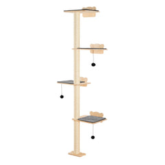 Natural pine wood wall-mounted cat tree with four platforms, scratching posts, and dangling toys.