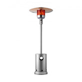 Tall hammered silver propane patio heater with an integrated table and safety features.