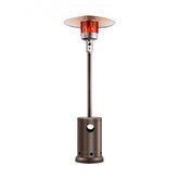 Tall bronze propane patio heater with a table, designed for outdoor warmth and comfort.