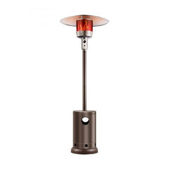 Tall bronze propane patio heater with a table, designed for outdoor warmth and comfort.