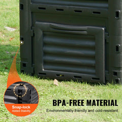 Bostome 80-gallon outdoor compost bin with secure lid, bottom door, and four-sided ventilation.