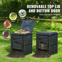 Bostome 80-gallon outdoor compost bin with secure lid, bottom door, and four-sided ventilation.