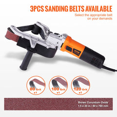 Orange Bostome 1000W pipe tube polisher sander with 6 speeds, 3 brown corundum sanding belts (80, 100, 120 grit).