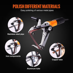 Orange Bostome 1000W pipe polisher sander with 6 speeds, shown polishing metal tubes.