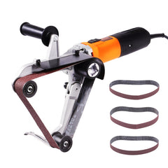 Orange and black 1000W pipe tube polisher sander with 6 speeds and included abrasive belts.