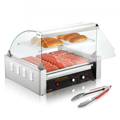 Stainless steel 11-roller hot dog grill with 30-dog capacity, tongs, and controls.