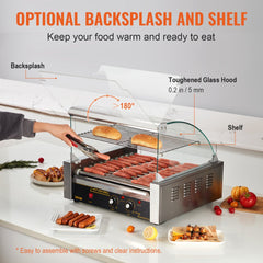 Stainless steel 11-roller hot dog grill with 30-dog capacity, cooking sausages evenly.