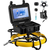 Portable 150ft sewer inspection camera in black case with 9-inch LCD monitor, yellow cable, and accessories.