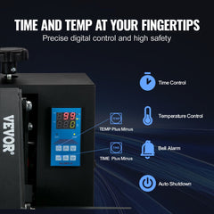 Bostome 16x20 black heat press machine with digital time and temperature controls.