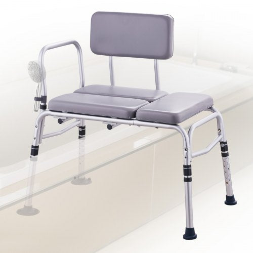 Bostome Tub Transfer Bench with padded seat, adjustable height, and sturdy aluminum frame.