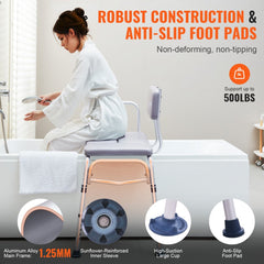 Padded tub transfer bench with adjustable height and non-slip suction cups for safety.