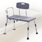 Adjustable shower transfer bench with a non-slip seat and reinforced aluminum frame for stability.