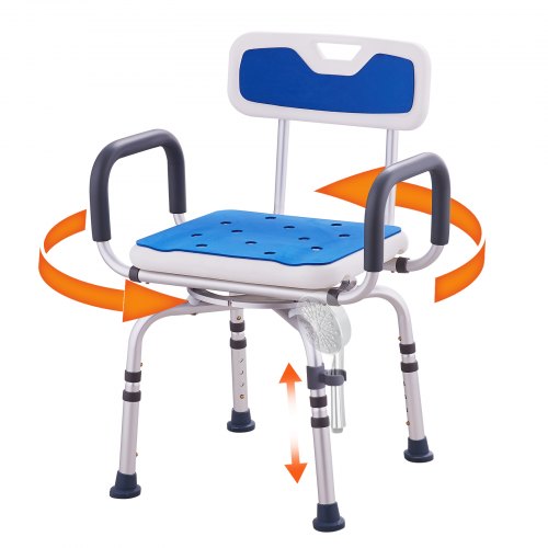 Blue 360° swivel shower chair with armrests, backrest, drainage holes, and adjustable height legs.