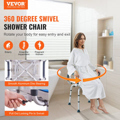 360° swivel shower chair with armrests, backrest, and adjustable height for safe bathing.