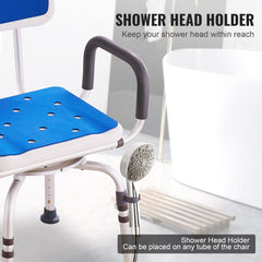 Blue swivel shower chair with armrests, backrest, and showerhead holder on white frame.