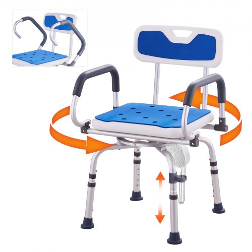 Bostome 360° swivel shower chair with pivoting arms, blue cushioned seat, and height-adjustable aluminum legs for 400 lbs capacity.