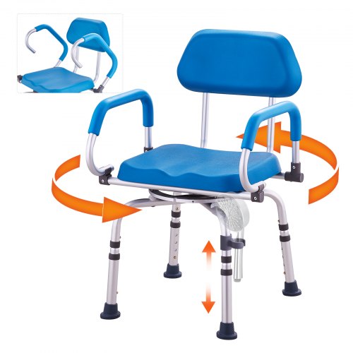 Blue 360° swivel shower chair with adjustable height, padded seat, armrests, and aluminum frame.