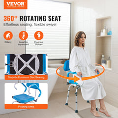 Blue 360-degree swivel shower chair with adjustable height, padded seat, and pivoting arms.