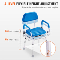 Blue adjustable-height swivel shower chair with padded seat, armrests, and height markings from 17.3 to 20.3 inches.