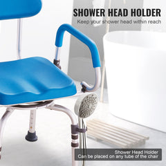 Blue padded swivel shower chair with adjustable height and armrests for bathroom use.