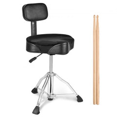 Black adjustable-height drum throne with backrest and two drumsticks.