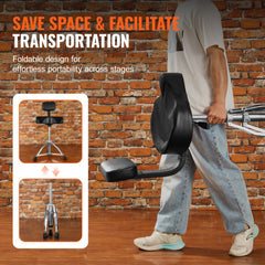 A man carries a folded black adjustable-height drum throne with backrest on a brick wall background.