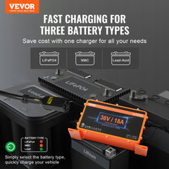 Orange 36V 18A waterproof battery charger for golf carts with tri-chemistry support for lead-acid, lithium, and LiFePO4 batteries.