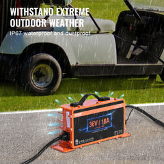 Orange 36V 18A golf cart battery charger with IP67 waterproof rating on green grass.