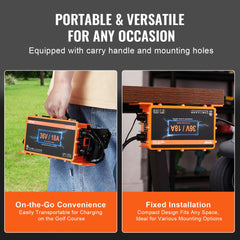 Orange 36V 18A golf cart battery charger with carry handle, shown portable in hand and mounted.