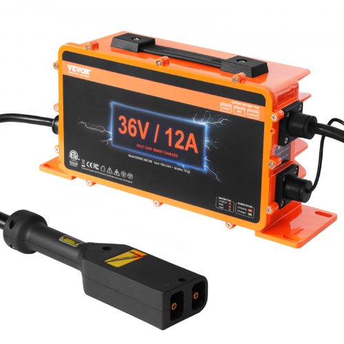 Orange Bostome 36V 12A golf cart battery charger with D-style plug and cables.