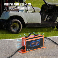 Orange 36V 12A golf cart battery charger with IP67 waterproofing, D-style plug, and handle on green grass.