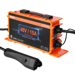 A compact 48V 15A golf cart battery charger with waterproof aluminum housing and carry handle.