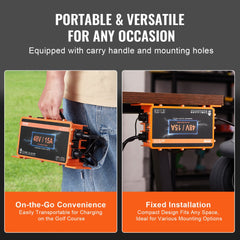 A black waterproof 48V 15A golf cart battery charger with carry handle and RXV plug.