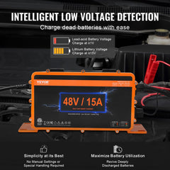 Orange 48V 15A Bostome smart golf cart battery charger with low voltage detection display.