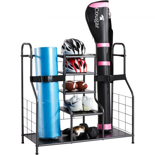 Bostome Golf Bag Storage Rack with space for 2 bags and 4 mesh shelves in a durable design.