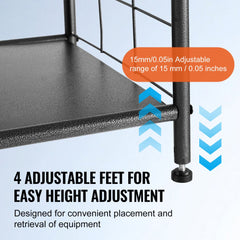 Bostome golf bag storage rack with space for 2 bags and 4 mesh shelves in a garage setting.