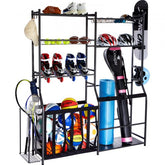 Black steel sports storage rack with shelves, hooks, and baskets for golf bags, balls, and gear.