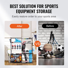 Black steel rack organizer holding golf bags, balls, bats, and sports equipment in a tidy space.