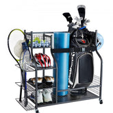Black steel golf bag storage rack with wheels, holding two bags and featuring club and accessory storage.