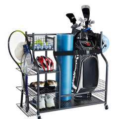 Black steel golf bag storage rack with wheels, holds two bags and includes club and accessory storage.