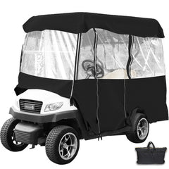 4-person golf cart enclosure made of 300D waterproof material with clear PVC windows and zippered sides.