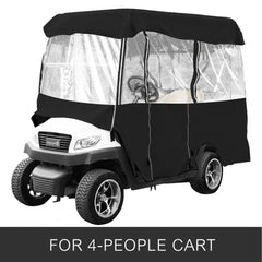4-person golf cart enclosure made of 300D waterproof material with clear PVC windows and zippered sides.