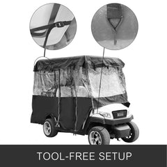4-person golf cart enclosure made of 300D waterproof material with clear PVC windows and zippered sides.