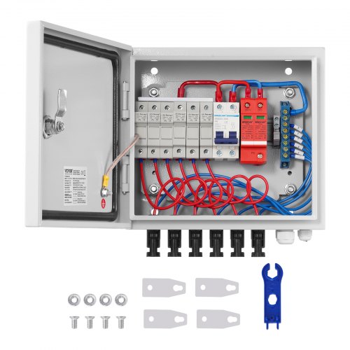 Open steel IP65 solar PV combiner box with 6 string inputs, fuses, breaker, surge protector, and mounting hardware.