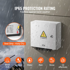 White steel IP65 solar PV combiner box for 6 strings with 10A fuses and weather protection icons.