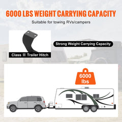 Class 3 trailer hitch with 2-inch receiver installed on a Honda CR-V towing an RV, showing 6000 lbs capacity.